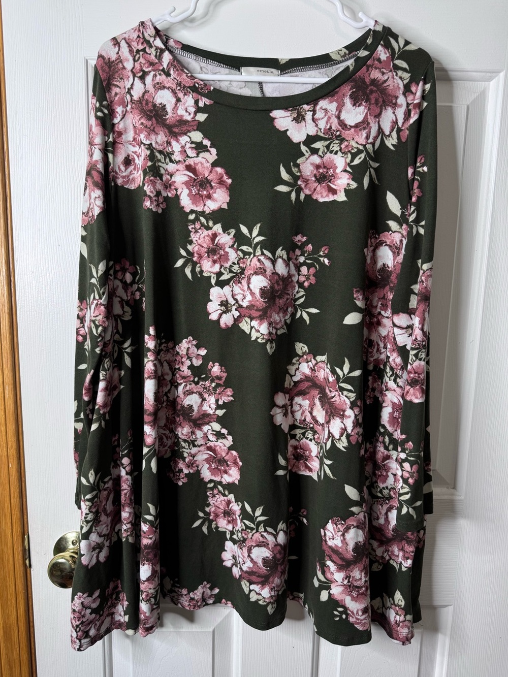 Emetla Olive Green Pink Floral Long Sleeve Tunic